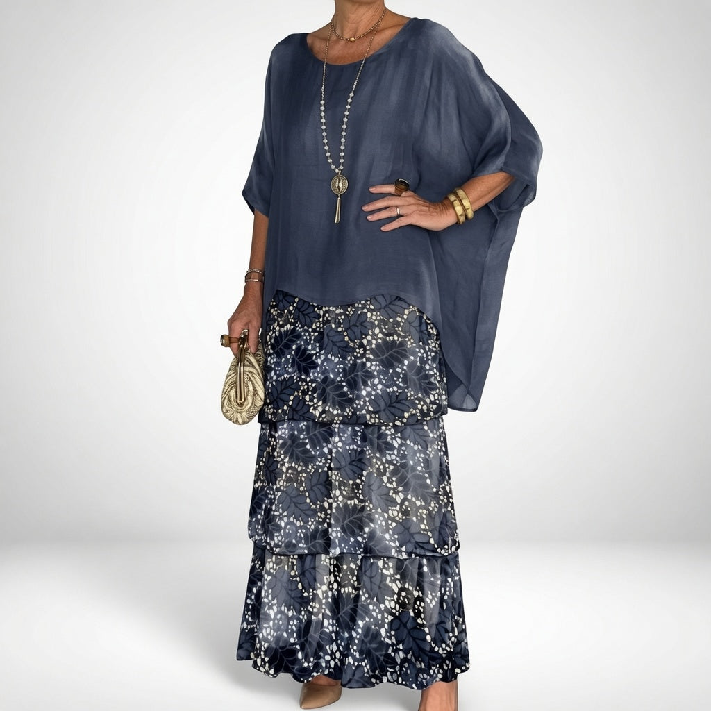 Round Neck Batwing Sleeve Tiered Chiffon Flowy Maxi Dress
