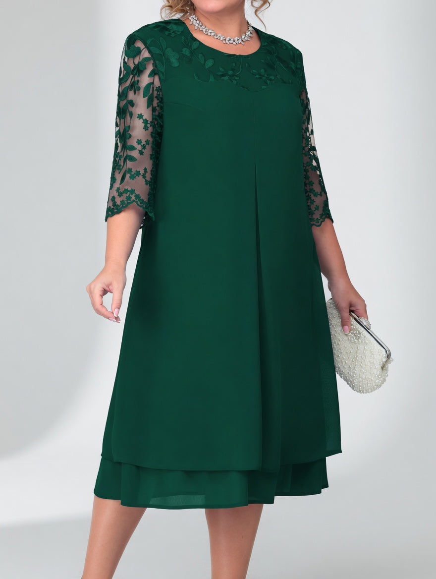 Round Neck Lace Illusion Yoke Half Sleeve Shift Midi Dress 4
