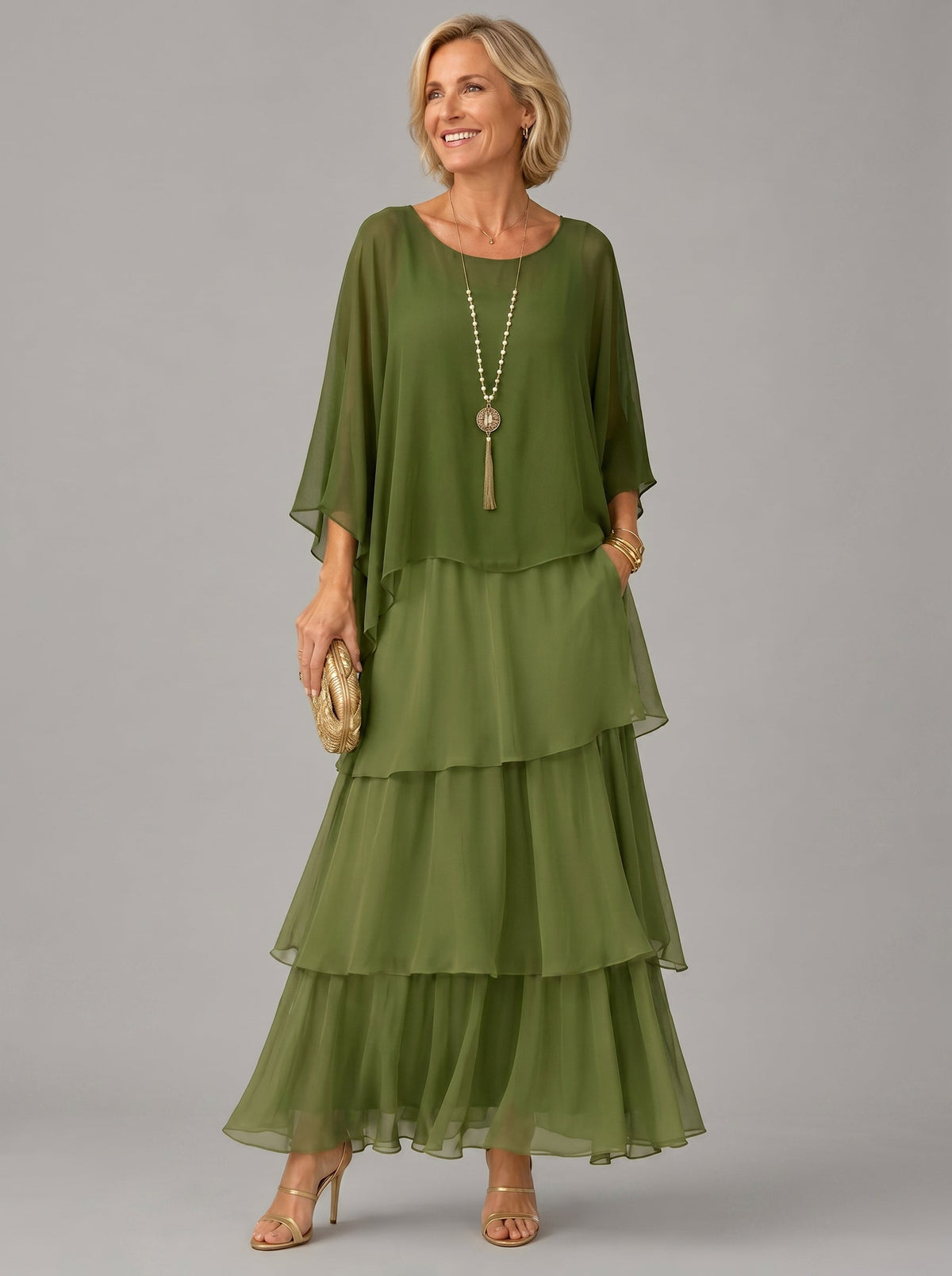 Round Neck Chiffon Cape Overlay Tiered Maxi Gown 2