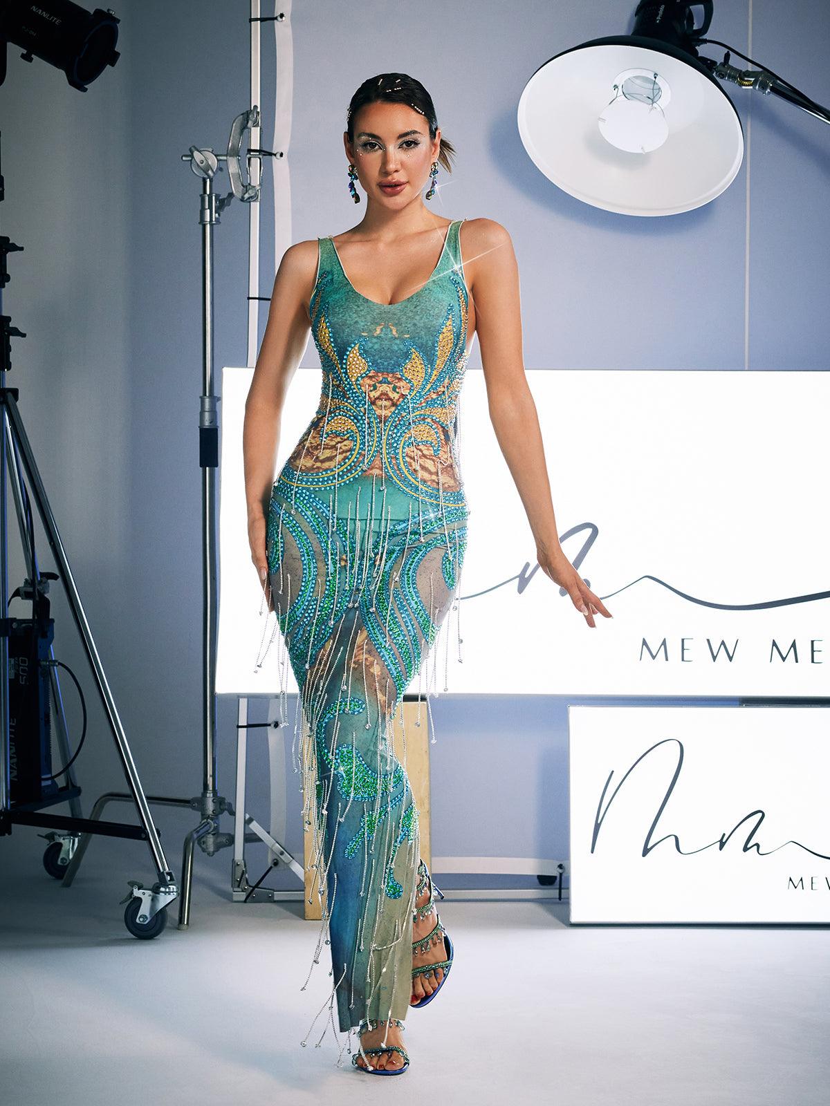 Print Crystal Fringe Maxi Dress