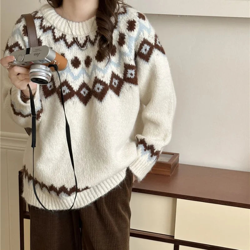 Vintage Fair Isle Loose Preppy Sweater white / S