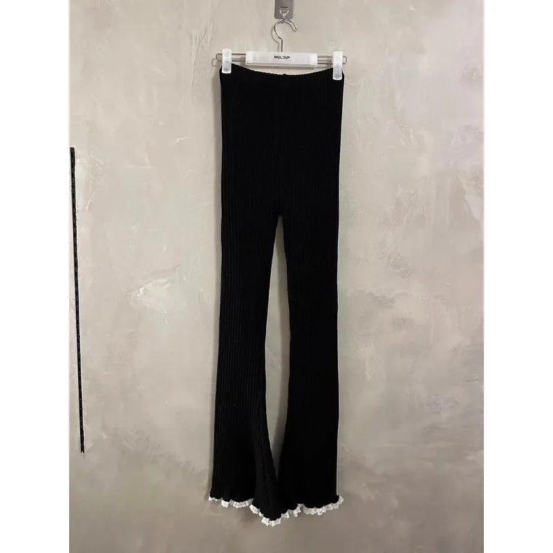 Gray Lace Flare Women Casual Knit Pants