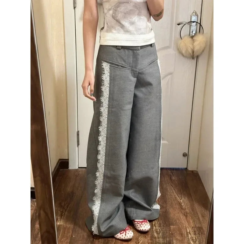 Gray Lace Y2K Women Suit Wide Leg Pants