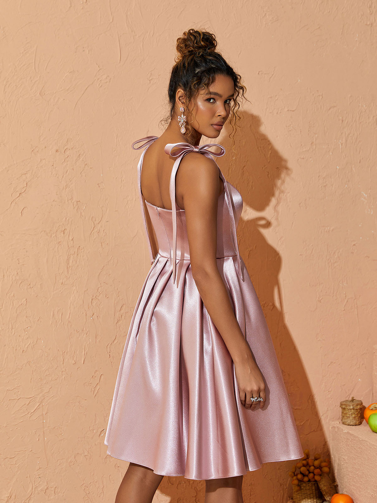 Square Neck Tie Strap Satin Pleated A-Line Mini Dress