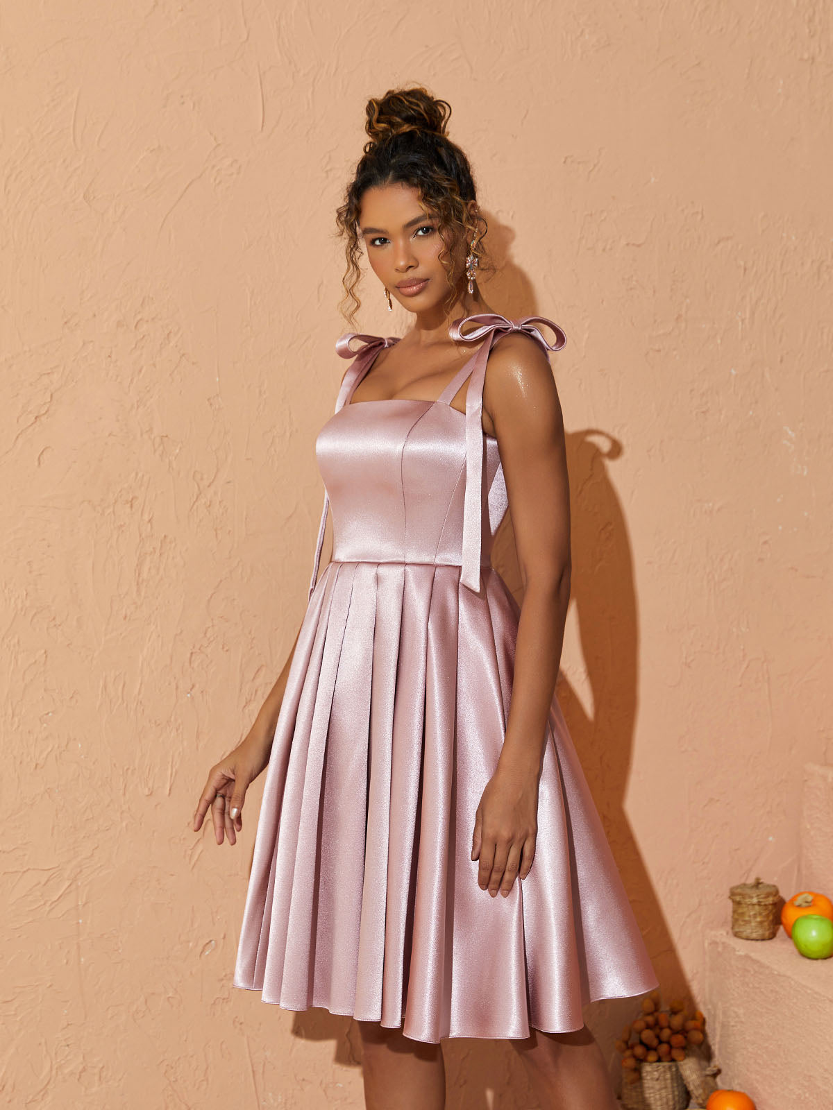 Square Neck Tie Strap Satin Pleated A-Line Mini Dress