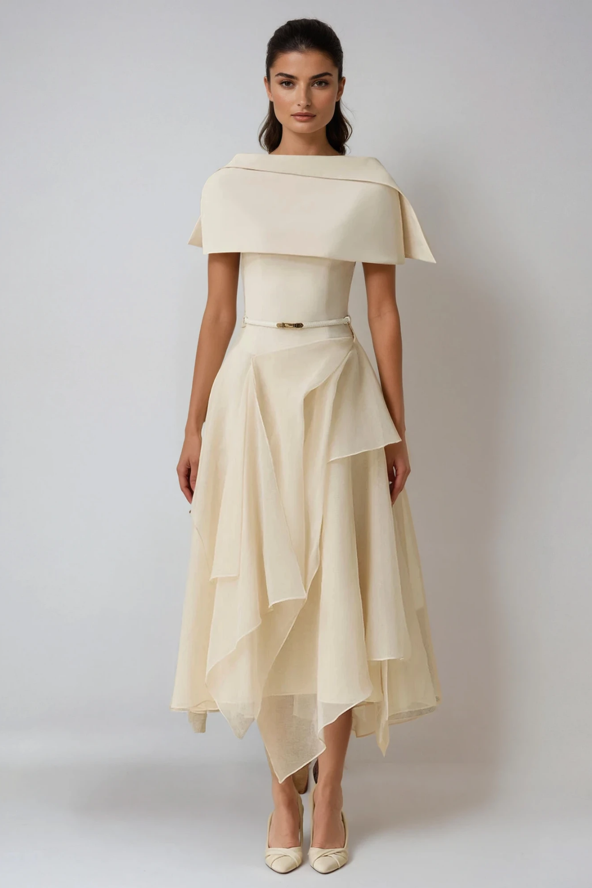 Deividas Two Piece Shawl Ruffle Midi Dress