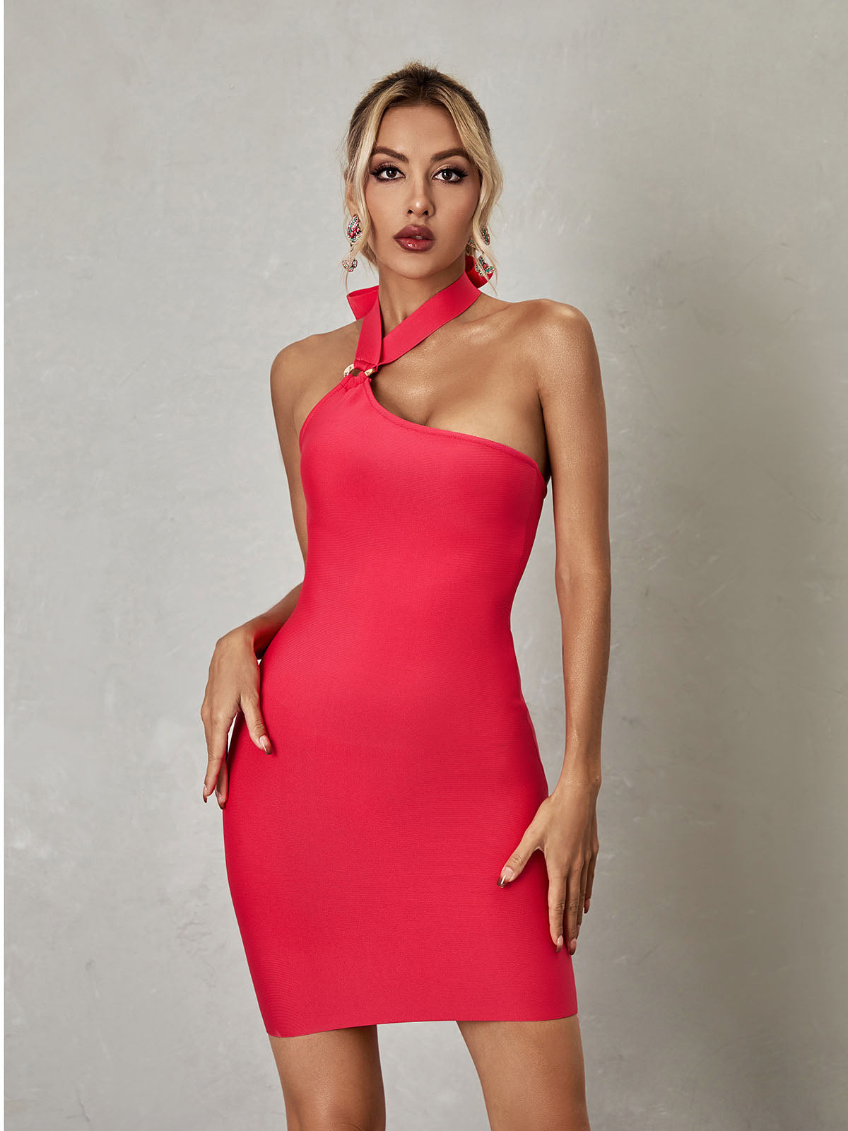 Halter One Shoulder Asymmetric Bandage Bodycon Mini Dress