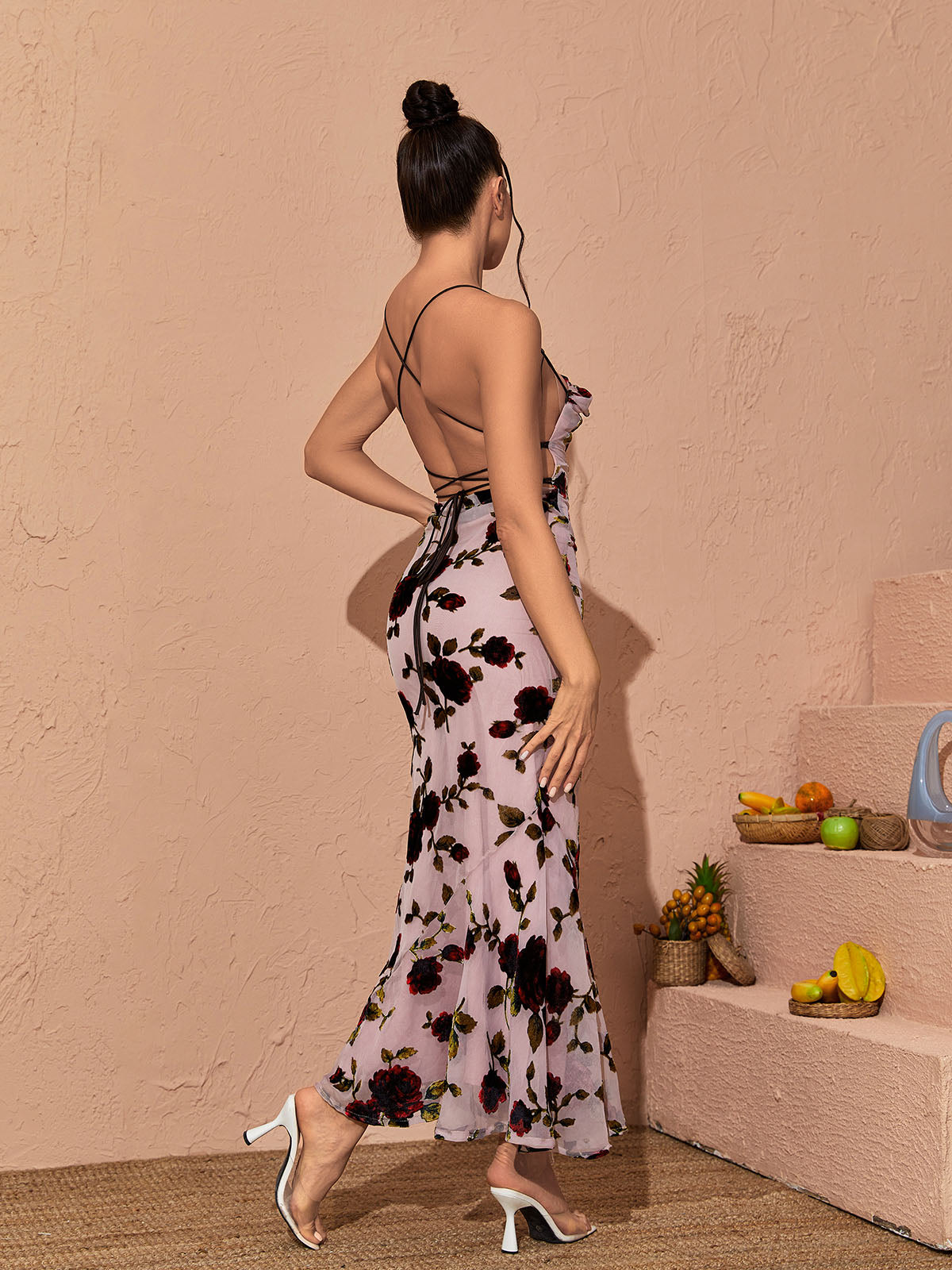 Spaghetti Strap Ruffle Neck Rose Floral Mesh Bodycon Maxi Dress