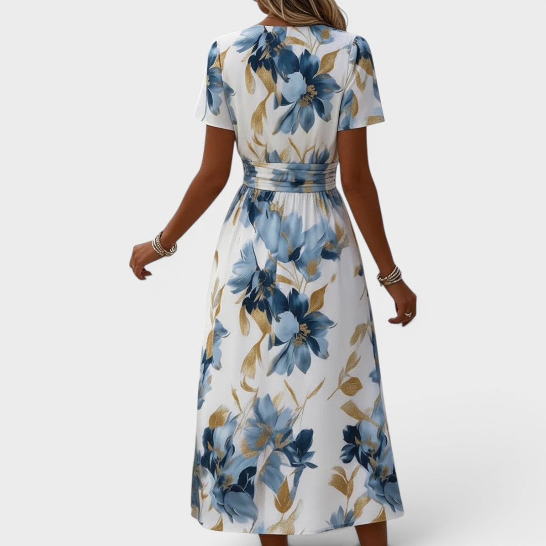 Multicolor V-Neck Flutter Sleeve Ruched Waist Floral A-Line Midi Dress 4
