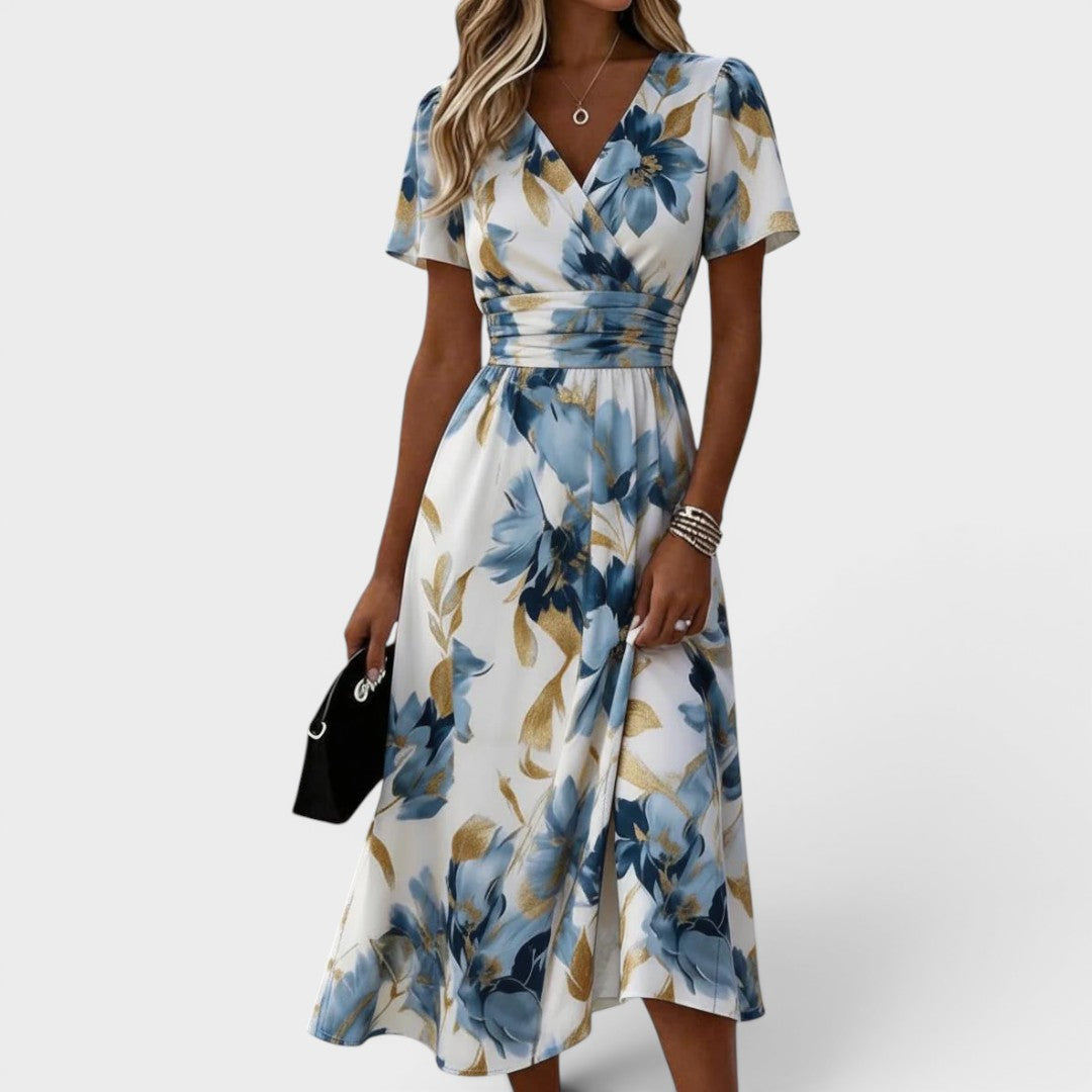 Multicolor V-Neck Flutter Sleeve Ruched Waist Floral A-Line Midi Dress