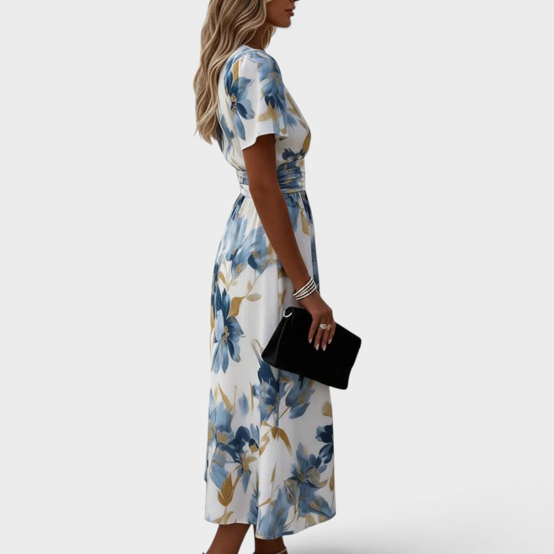 Multicolor V-Neck Flutter Sleeve Ruched Waist Floral A-Line Midi Dress 2