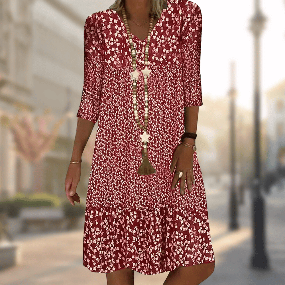 V-Neck Ditsy Floral Three-Quarter Sleeve Tiered Shift Midi Dress