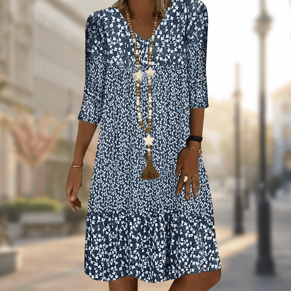 V-Neck Ditsy Floral Three-Quarter Sleeve Tiered Shift Midi Dress