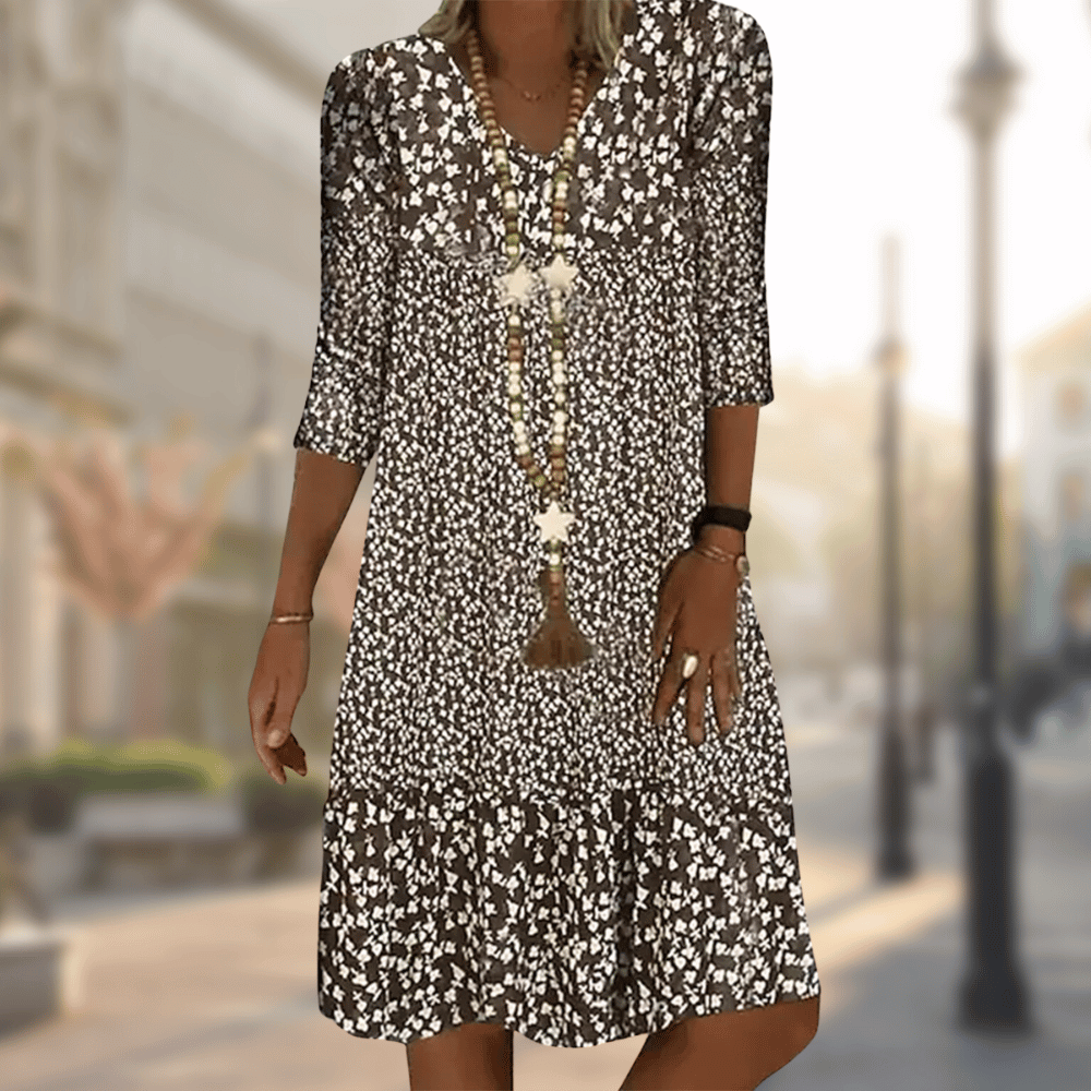 V-Neck Ditsy Floral Three-Quarter Sleeve Tiered Shift Midi Dress