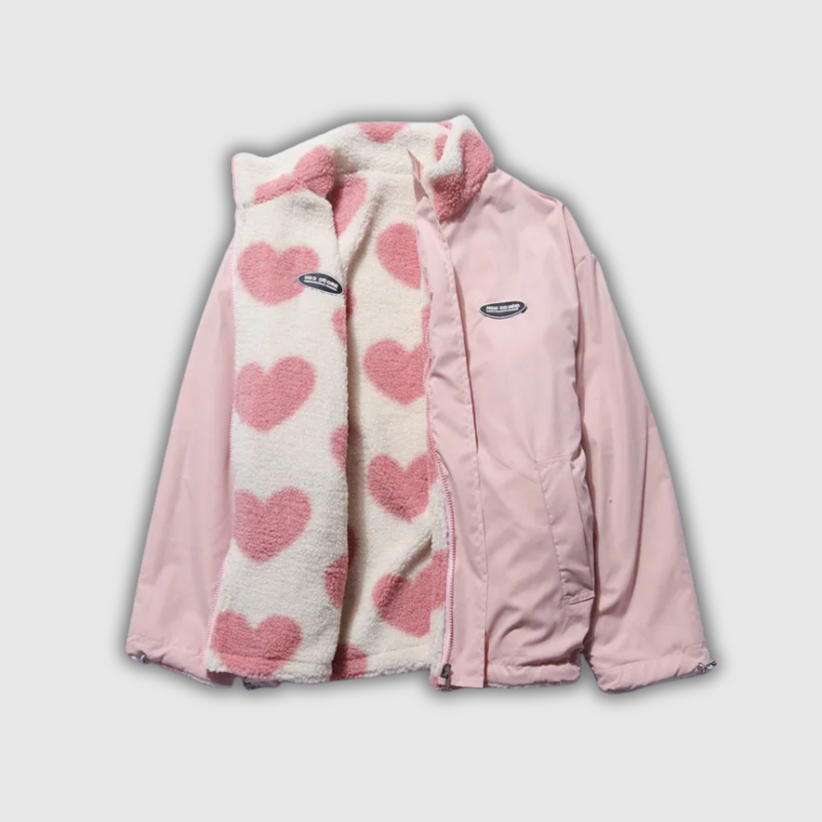 Stand Collar Heart Print Reversible Padded Zip Coat