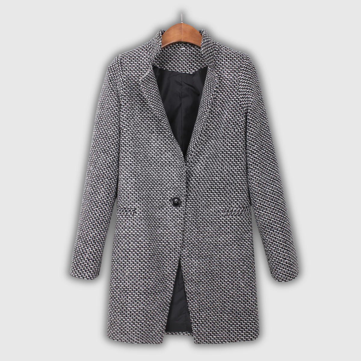 Black/white Notch Lapel Textured Tweed Single-Button Coat