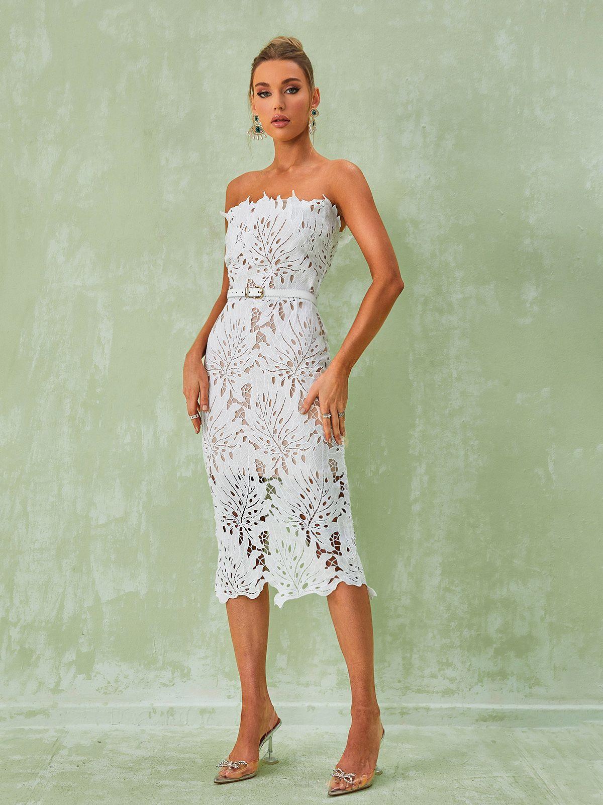 Strapless Crochet Lace Belted Bodycon Midi Dress