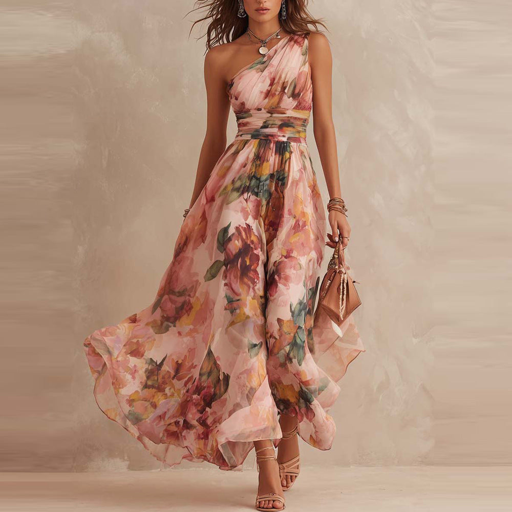 One-Shoulder Floral Ruched Waist Sleeveless Flowy Maxi Dress 2
