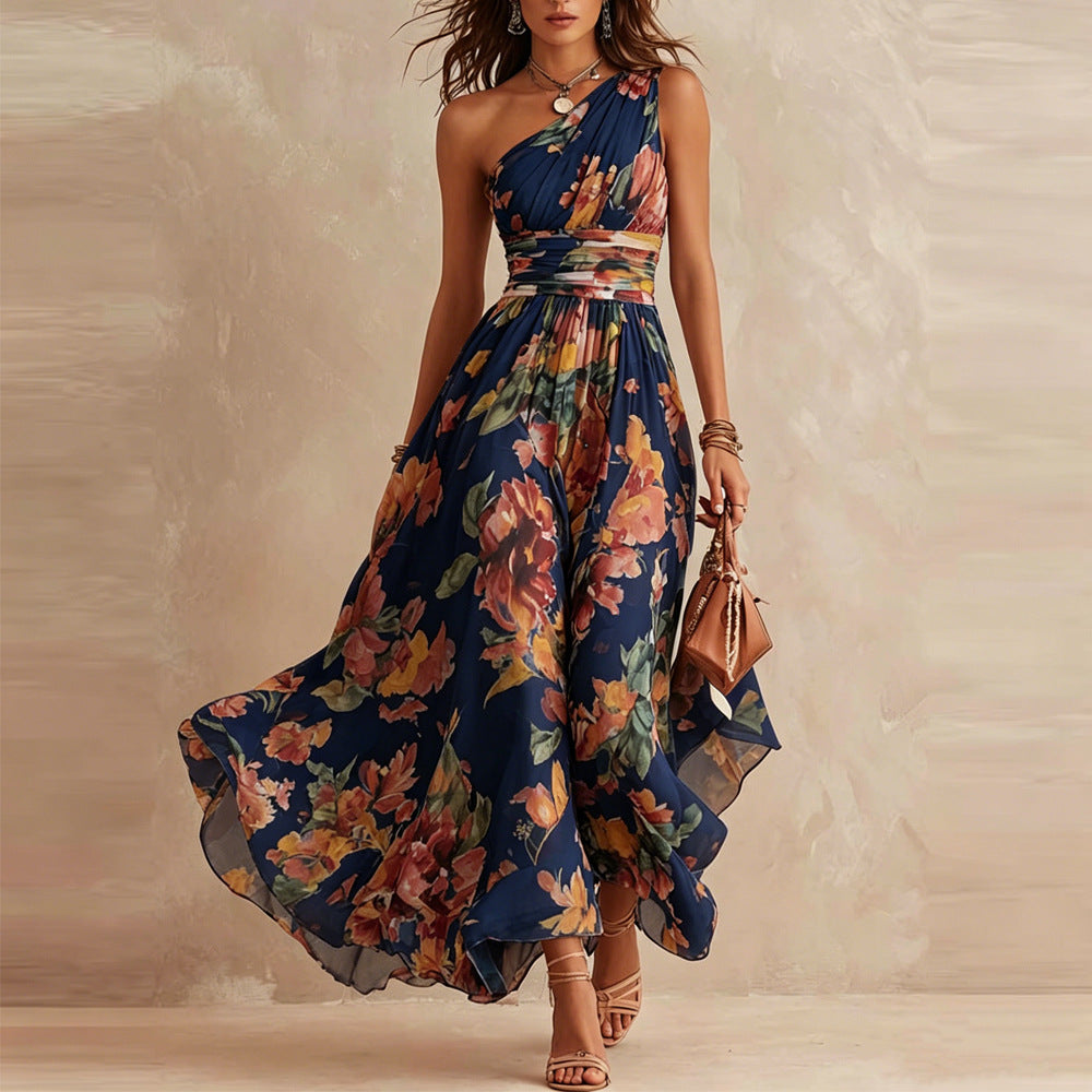 One-Shoulder Floral Ruched Waist Sleeveless Flowy Maxi Dress