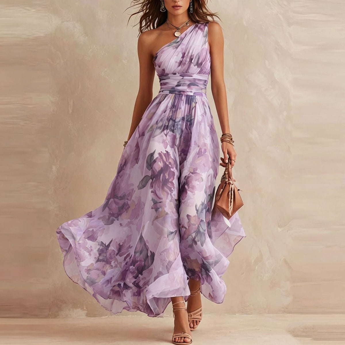 One-Shoulder Floral Ruched Waist Sleeveless Flowy Maxi Dress 5