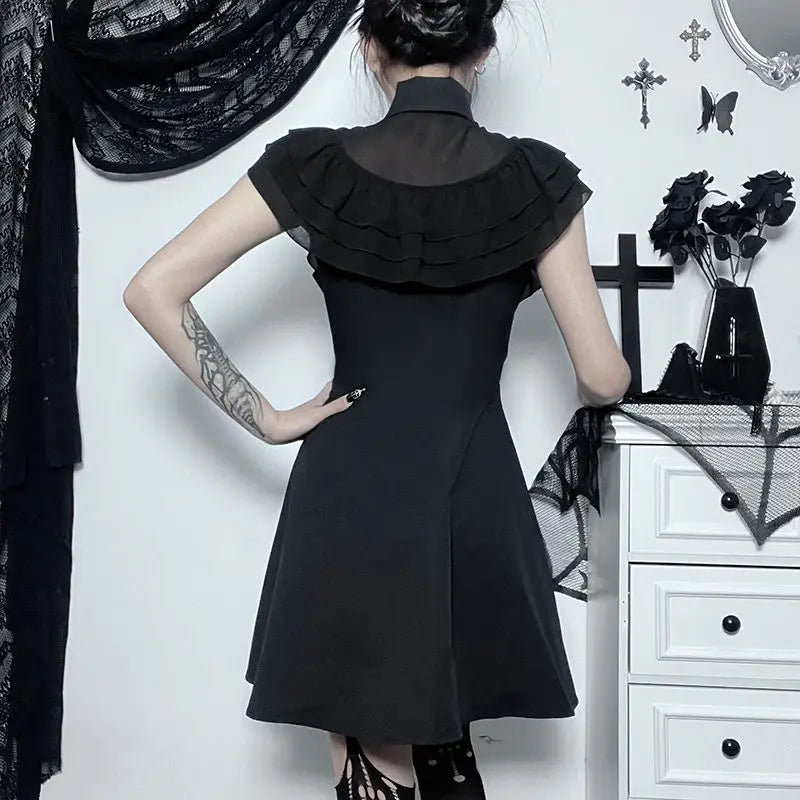 Gothic Ruffled Mesh Splicing A Line Black Dress