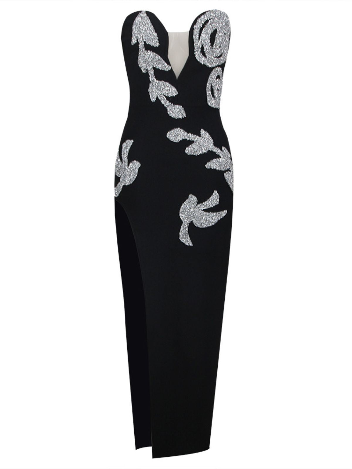 Strapless Sweetheart Crystal Floral High Slit Bodycon Maxi Dress 6