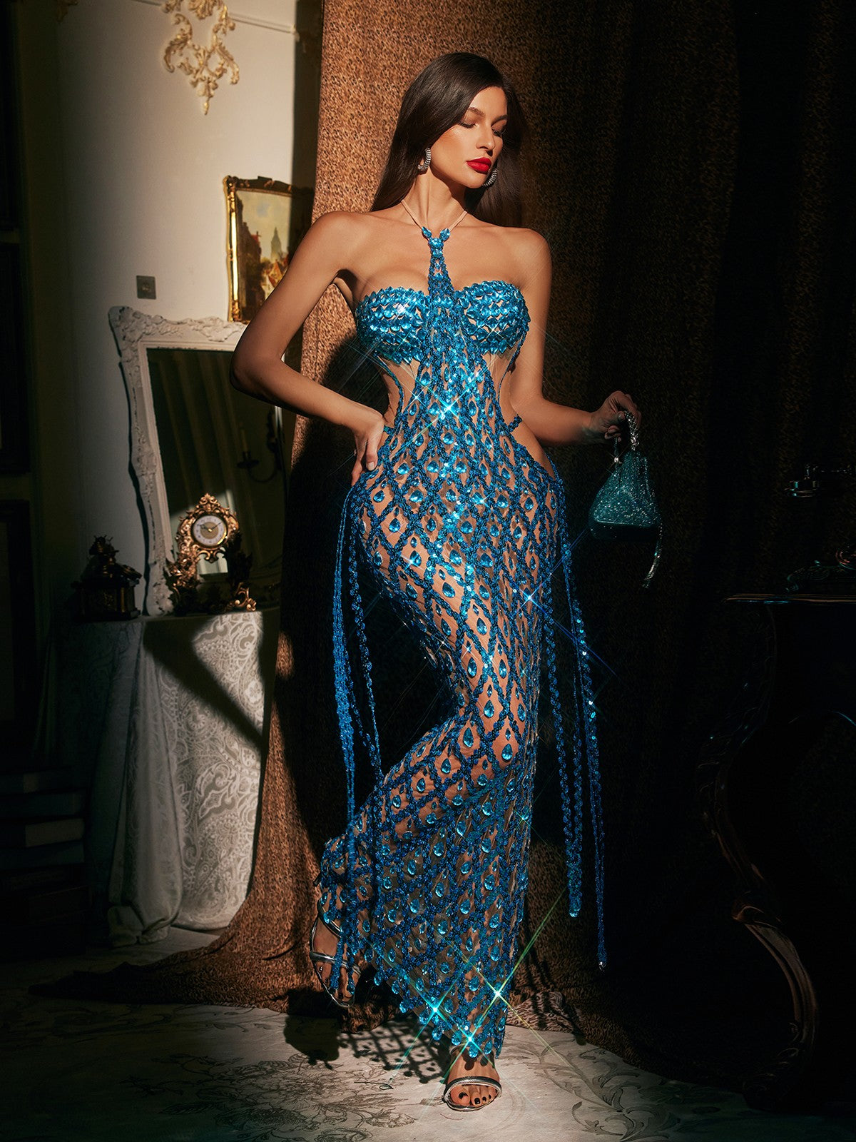 Halterneck Embellished Mesh Maxi Dress In Blue