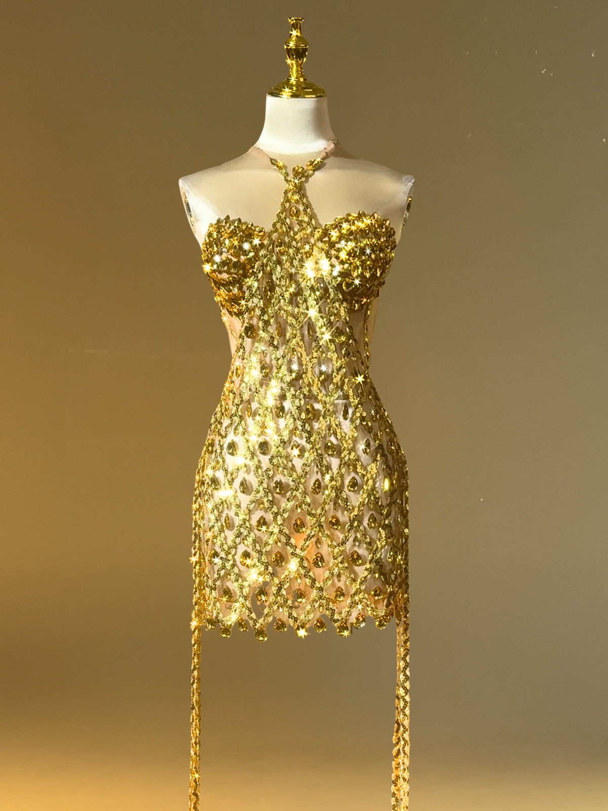 Rhinestone Fringe Mini Dress In Gold