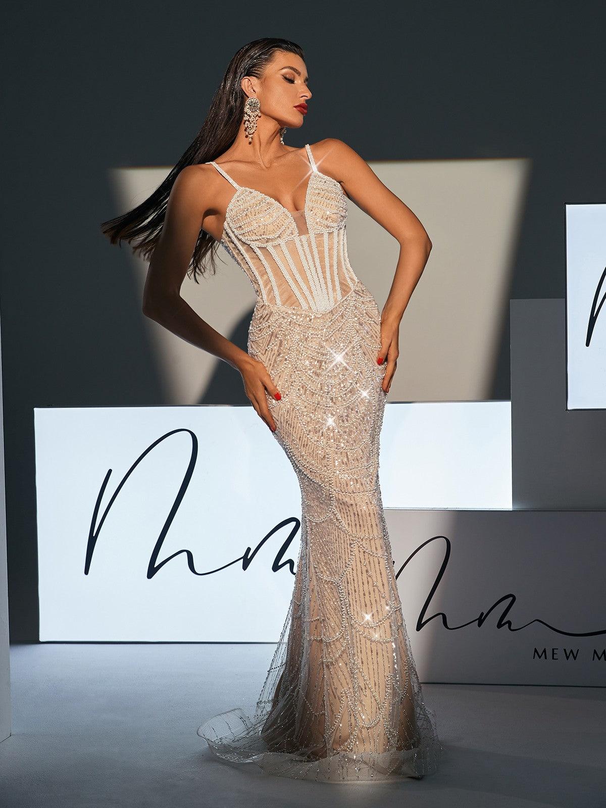 Spaghetti Pearl Embellished Sequin Dress