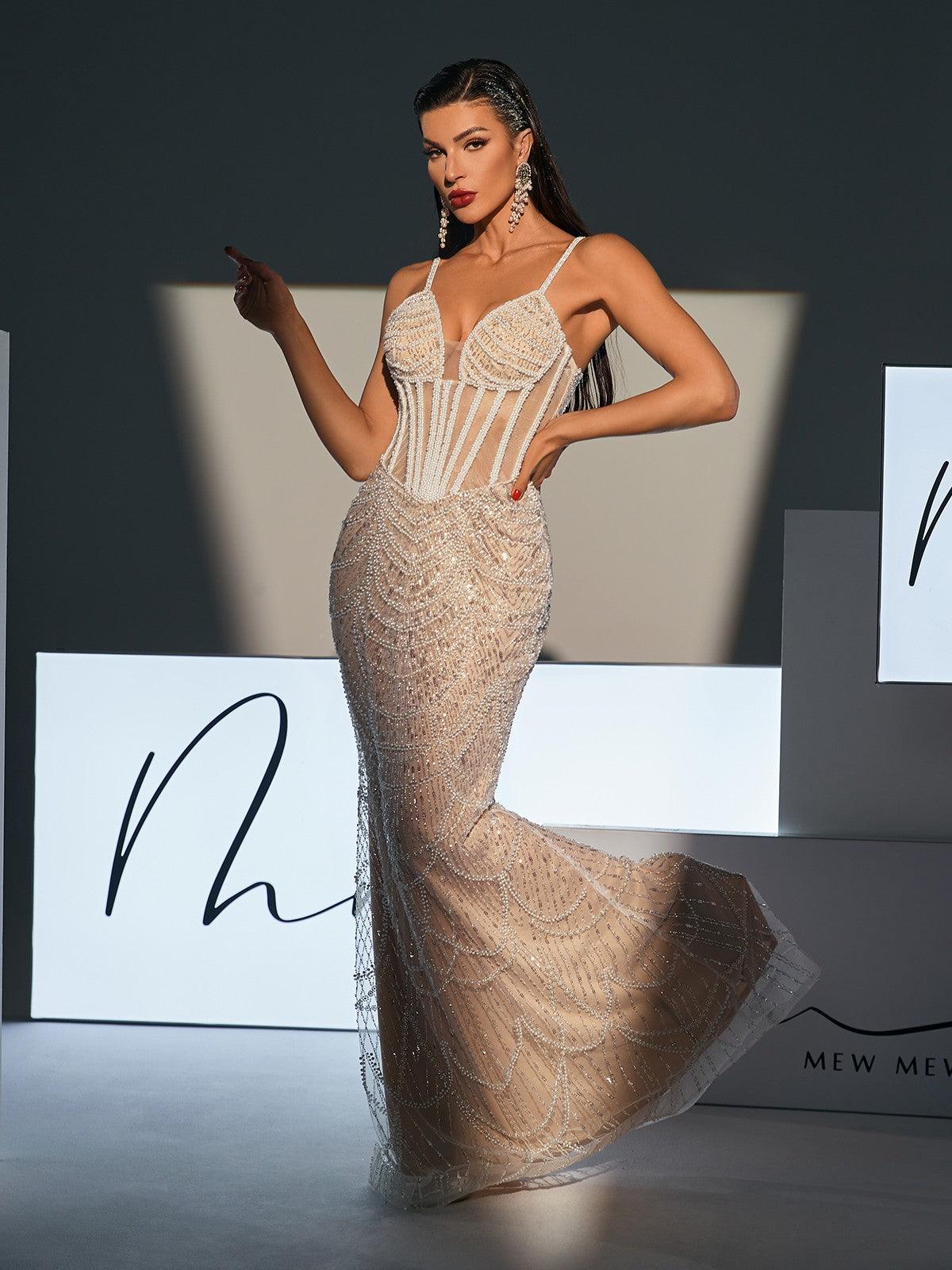 Spaghetti Pearl Embellished Sequin Dress
