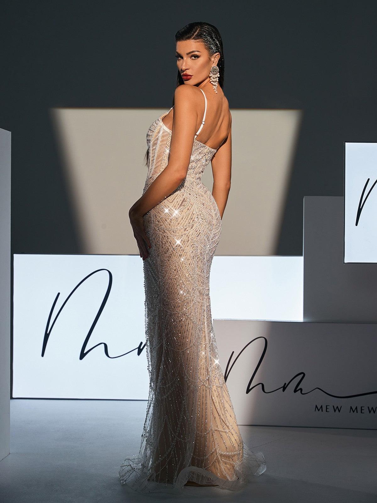 Spaghetti Pearl Embellished Sequin Dress
