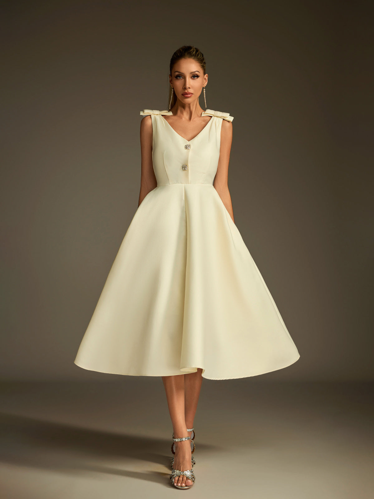 V Neck Bow Button Up Midi Dress