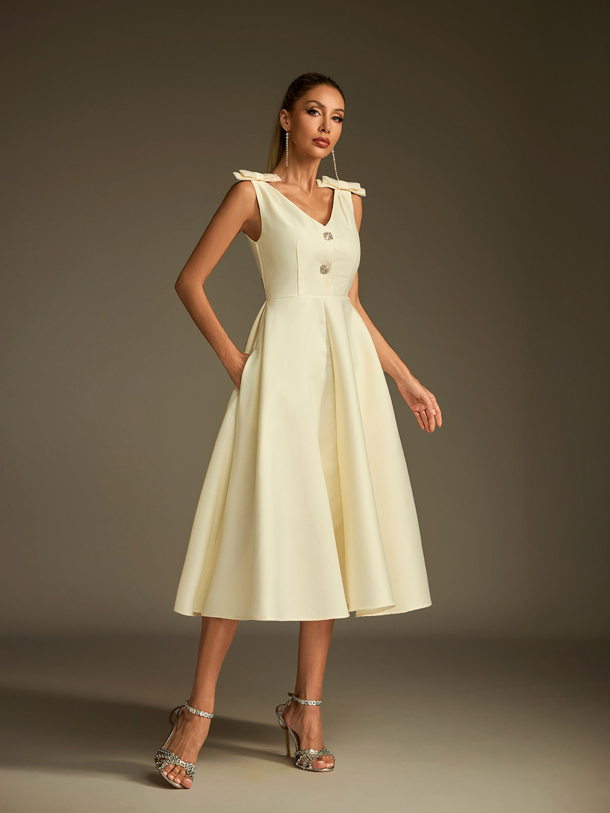 V Neck Bow Button Up Midi Dress