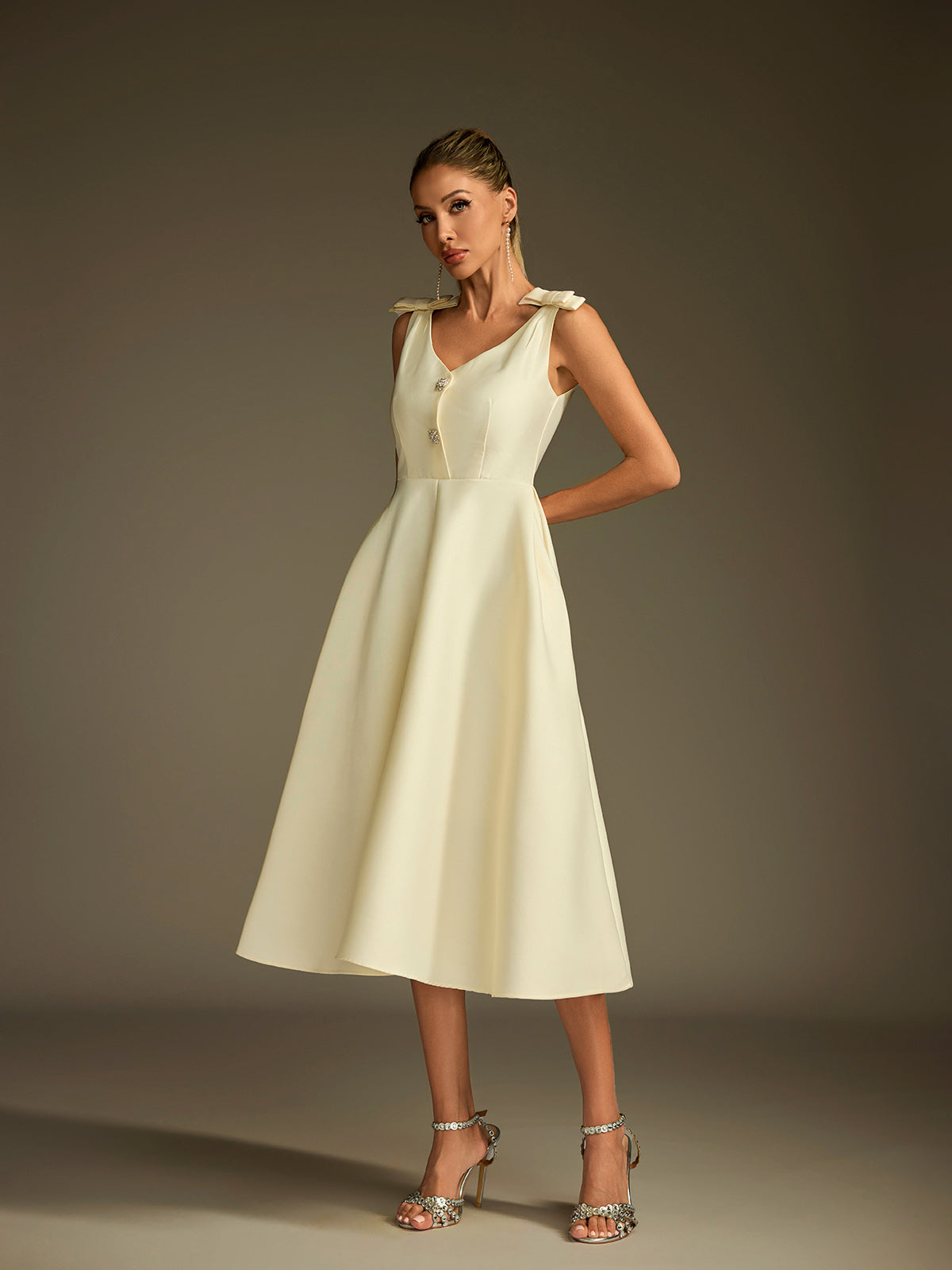 V Neck Bow Button Up Midi Dress