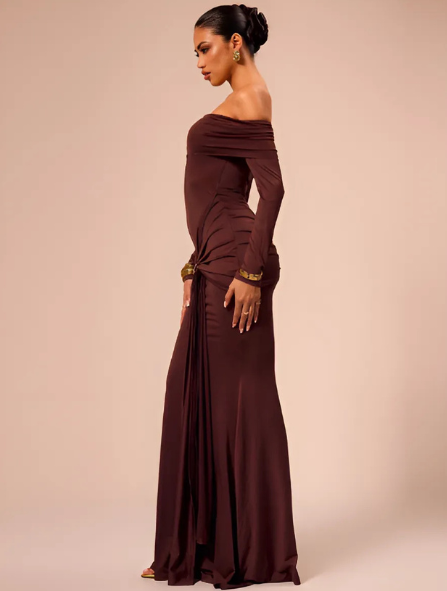 Brown 13 Off-Shoulder Long Sleeve Twist Front Mermaid Maxi Gown