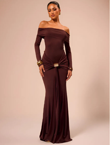 Brown 13 Off-Shoulder Long Sleeve Twist Front Mermaid Maxi Gown