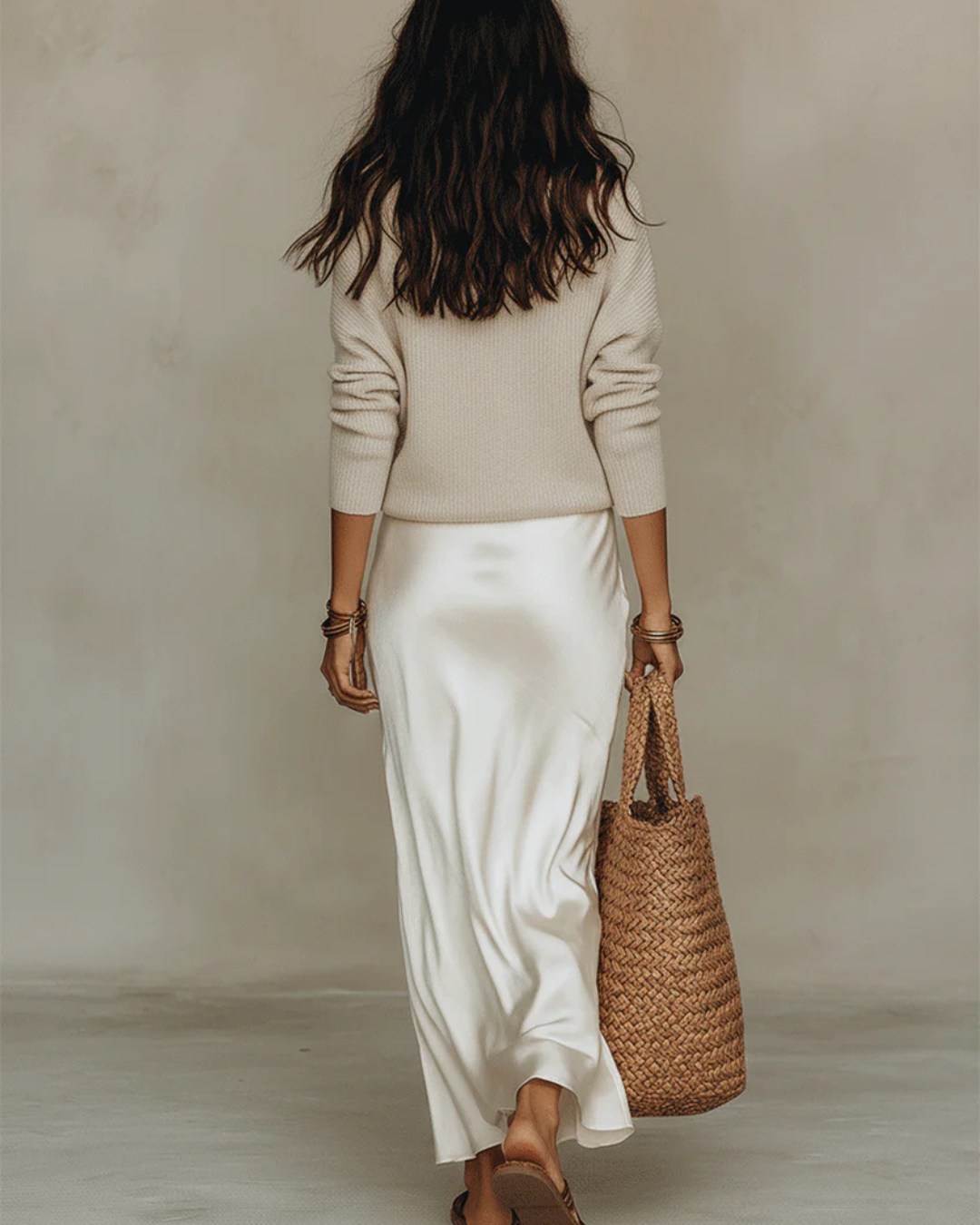 V-Neck Knit Sweater Satin Slip Midi Dress Set 10