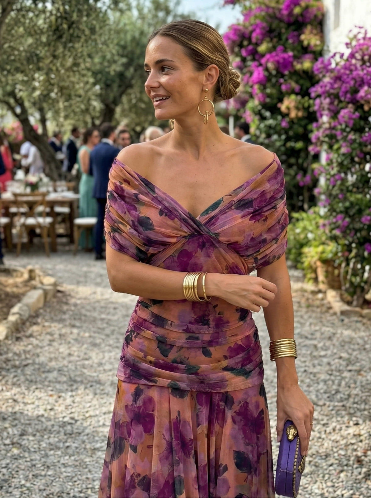 Off-Shoulder Twist Front Floral Print Ruched A-Line Maxi Dress