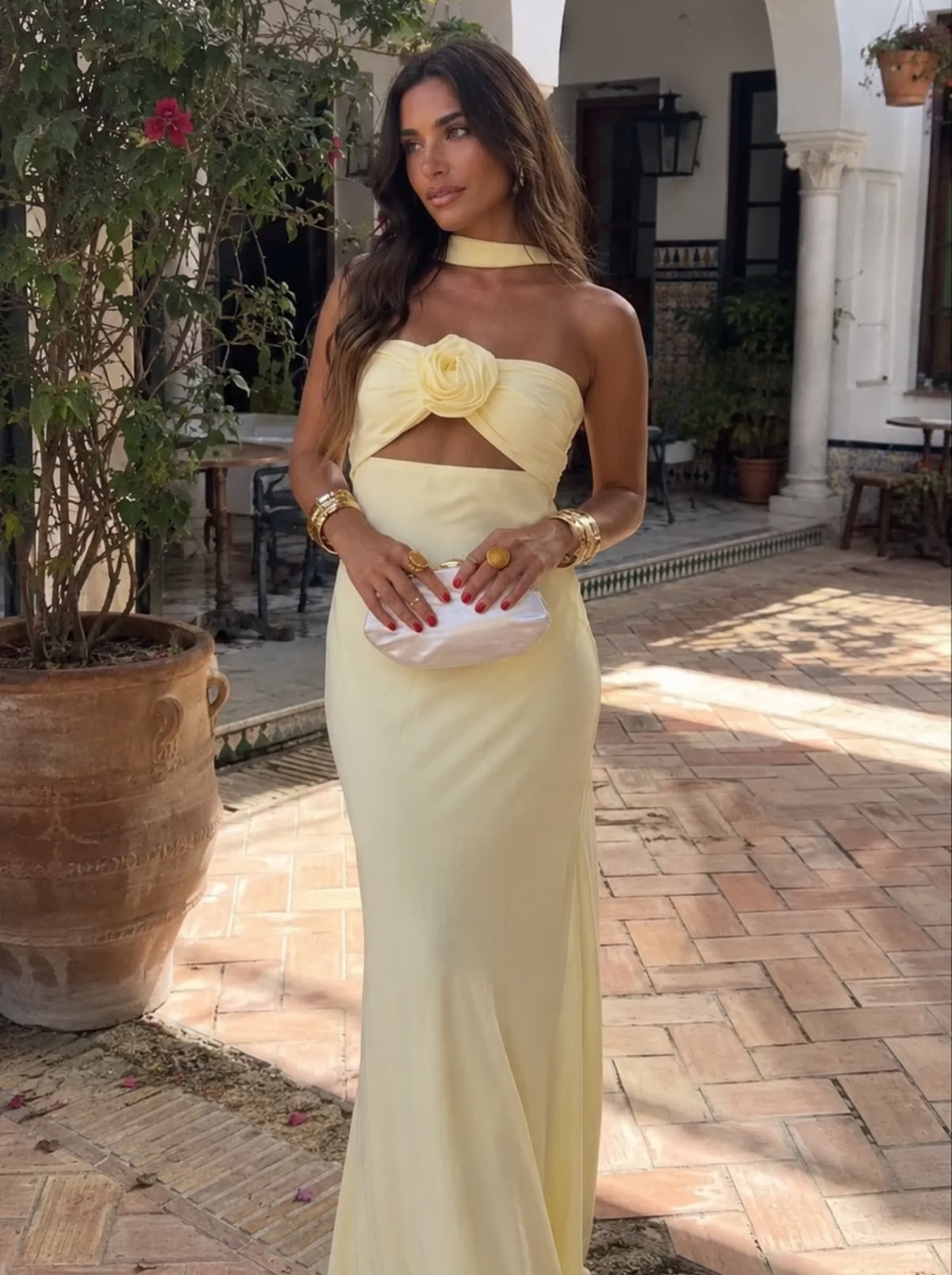 Halter Rose Applique Twist Front Cutout Bodycon Maxi Gown