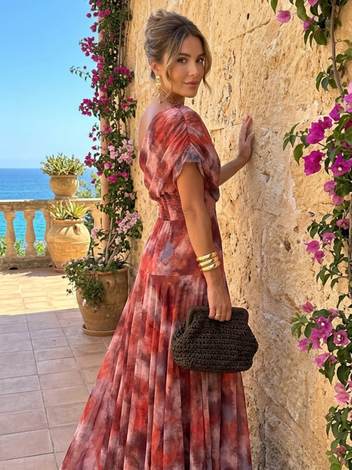 One-Shoulder Ruched Abstract Print Flowy Maxi Dress 5