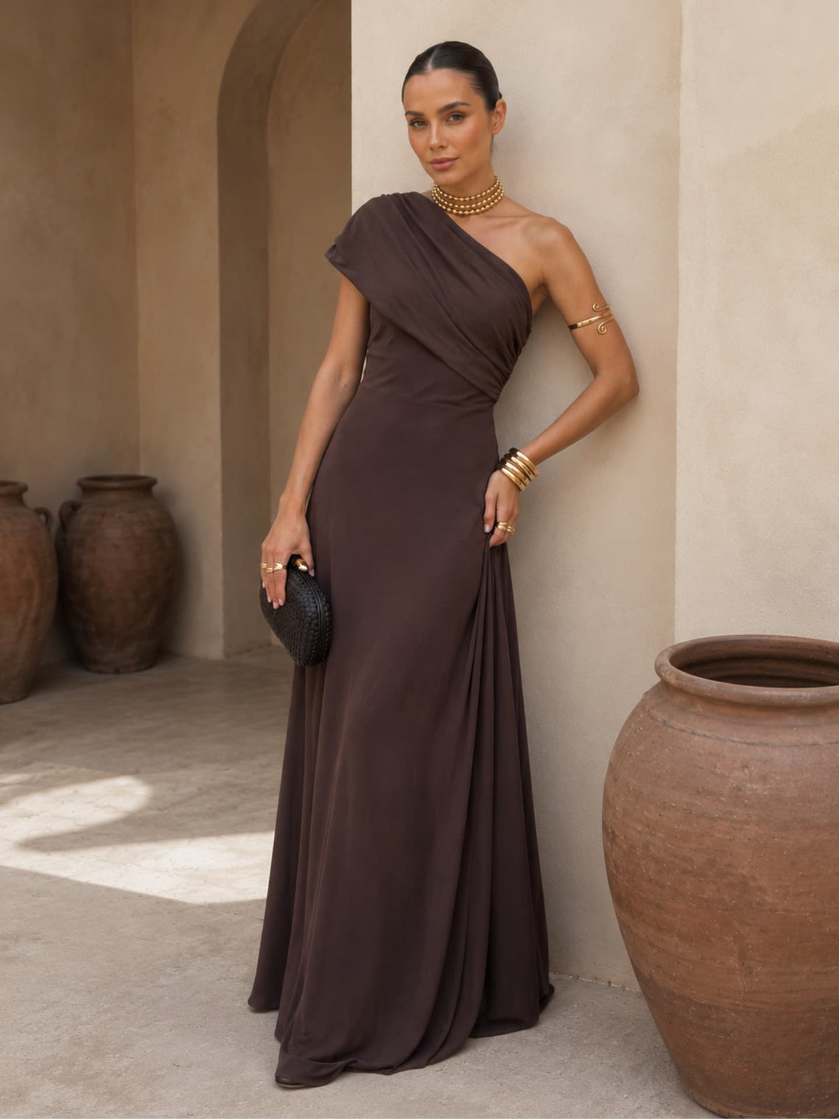 One-Shoulder Draped Ruched Flowy A-Line Maxi Gown