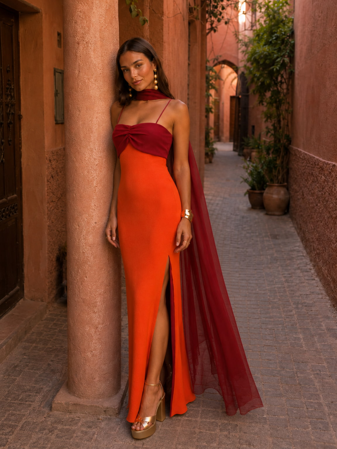 Sweetheart Neck Twist Front Scarf High Slit Mermaid Maxi Dress 4