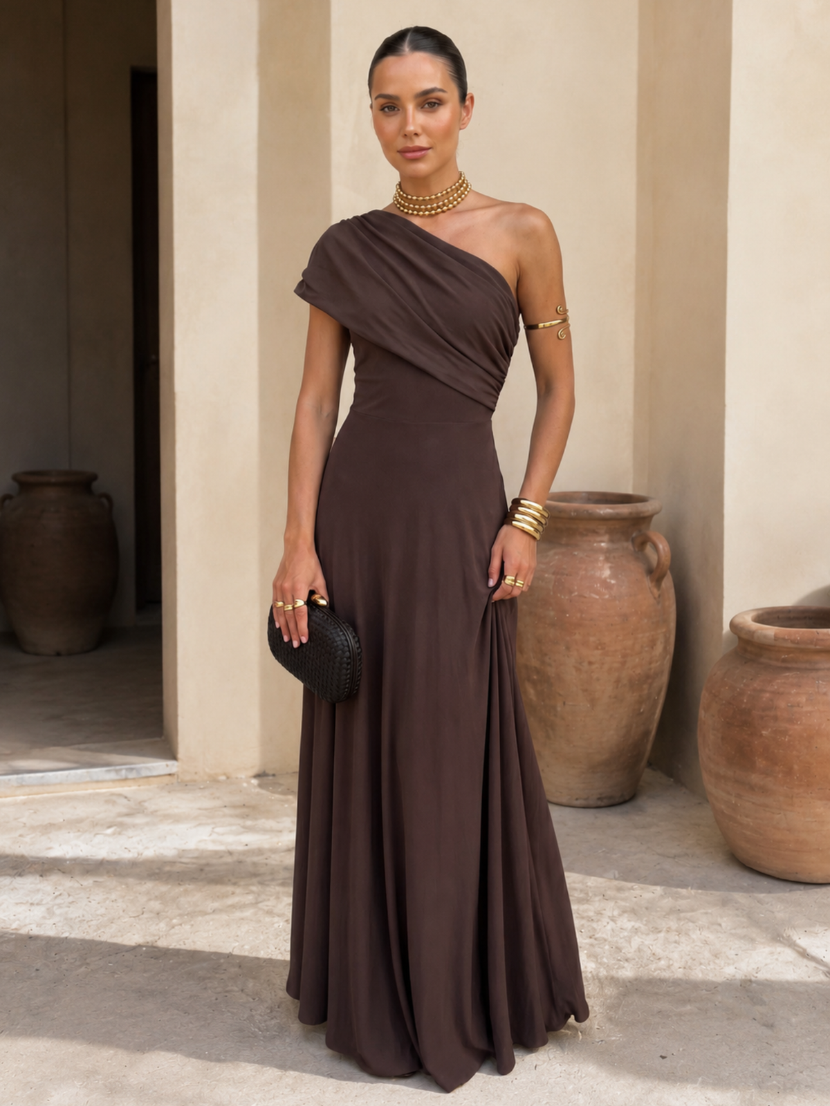 One-Shoulder Draped Ruched Flowy A-Line Maxi Gown 2