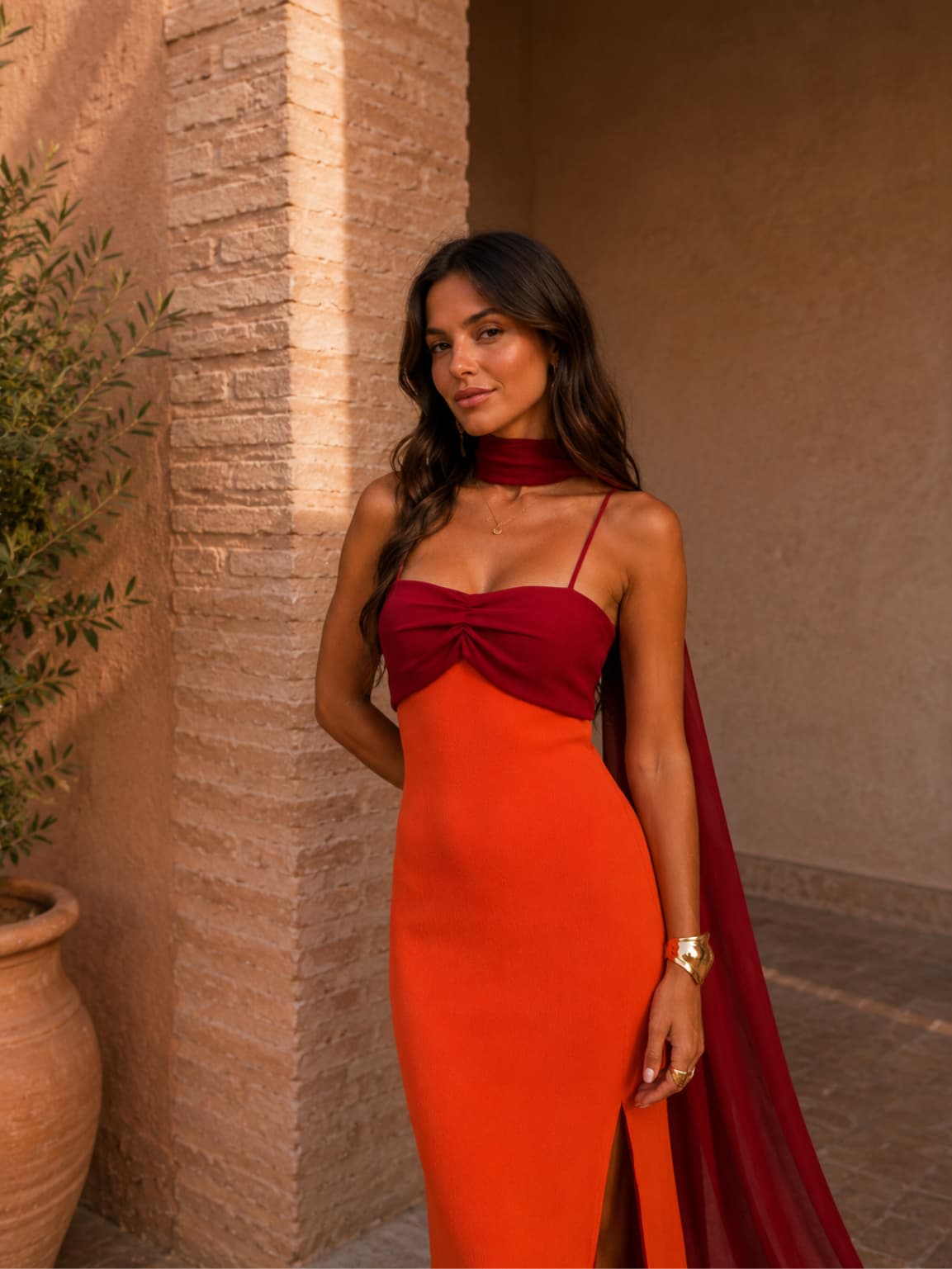 Sweetheart Neck Twist Front Scarf High Slit Mermaid Maxi Dress 5