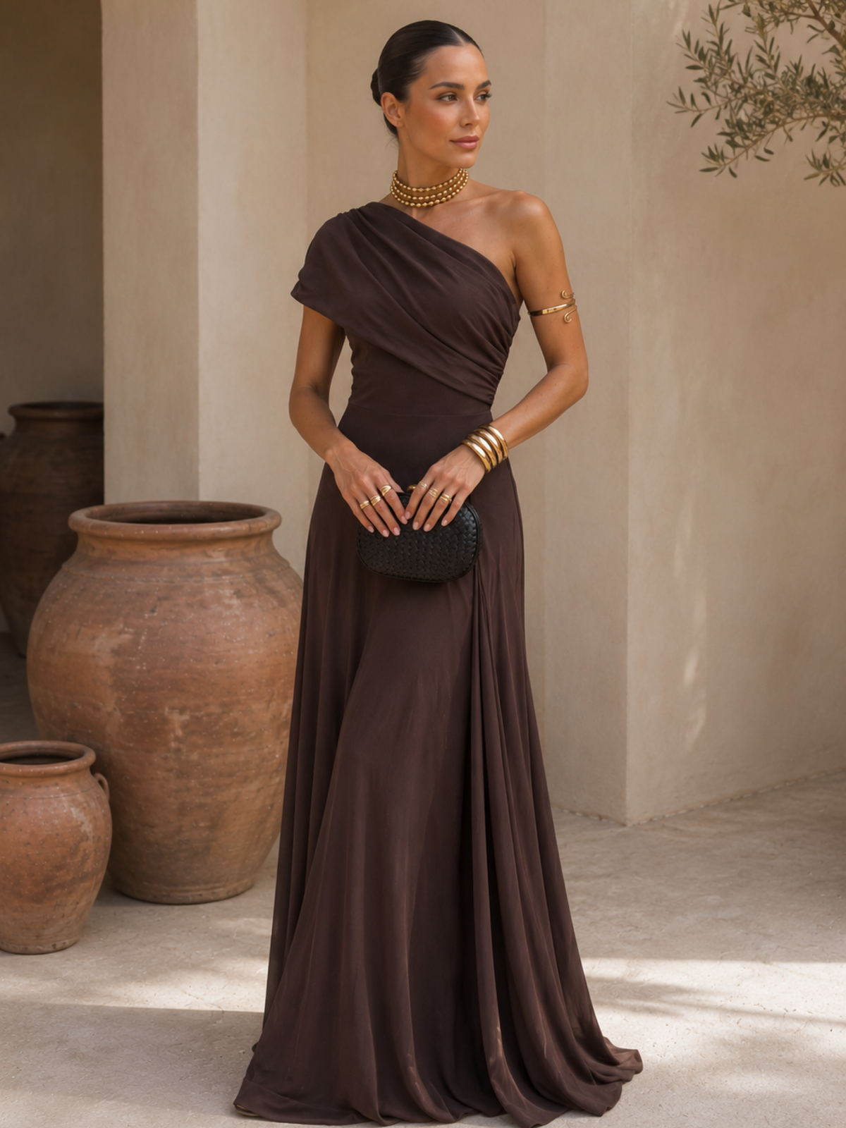 One-Shoulder Draped Ruched Flowy A-Line Maxi Gown 3
