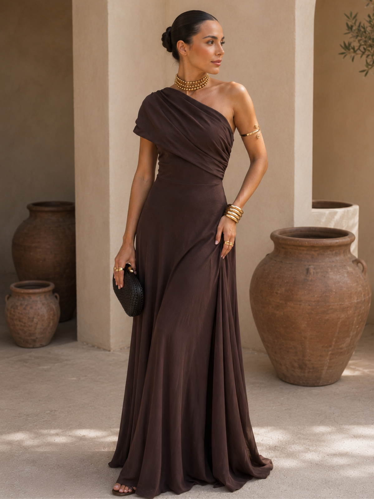 One-Shoulder Draped Ruched Flowy A-Line Maxi Gown 4