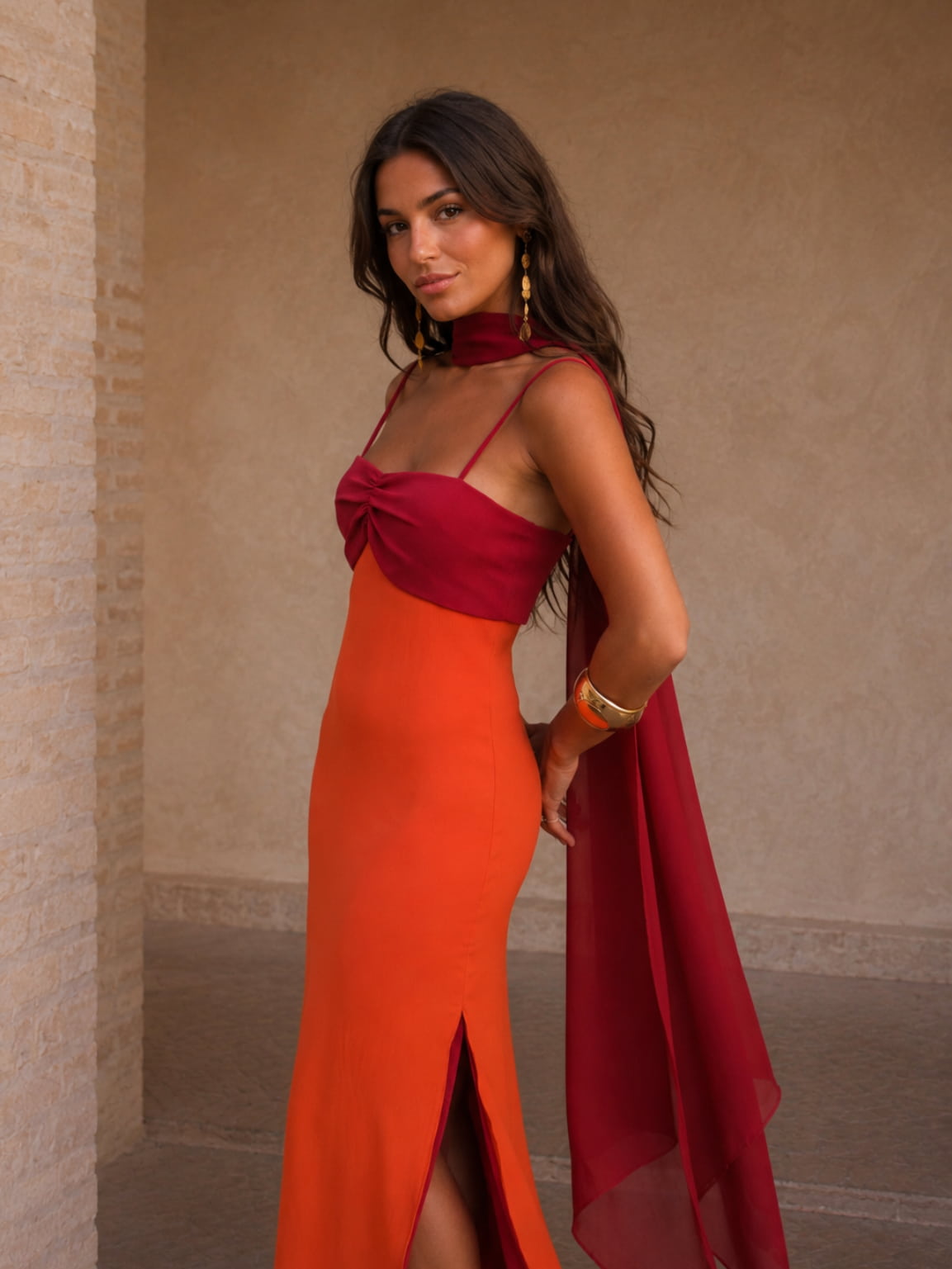 Sweetheart Neck Twist Front Scarf High Slit Mermaid Maxi Dress 3