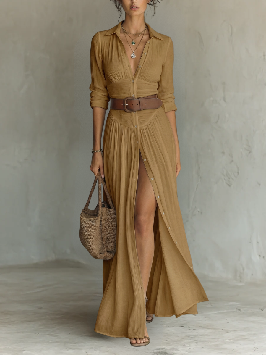 Collared Button Front Ruched Waist High Slit Maxi Shirt Dress 6