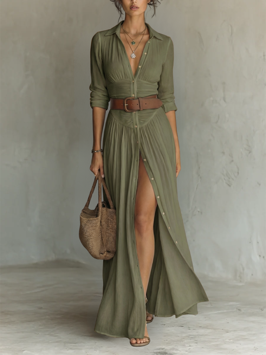Collared Button Front Long Sleeve High Slit Shirt Maxi Dress 5