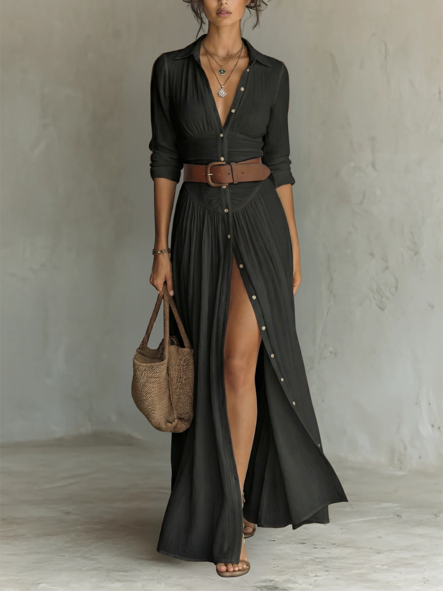 Collared Button Front Ruched Waist High Slit Shirt Maxi Dress